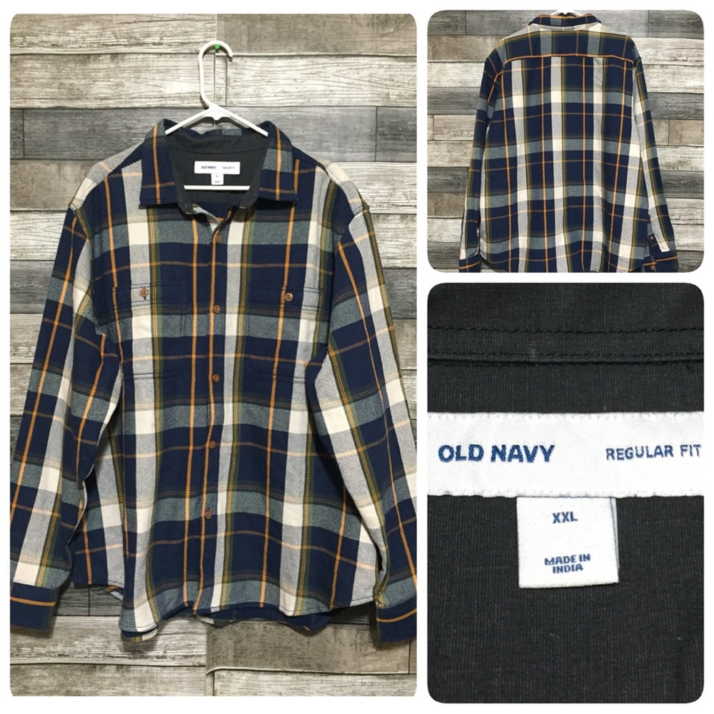 Old Navy Regular Fit Thick Flannel Shirt Men’s XXL Navy Blue Plaid Button Up